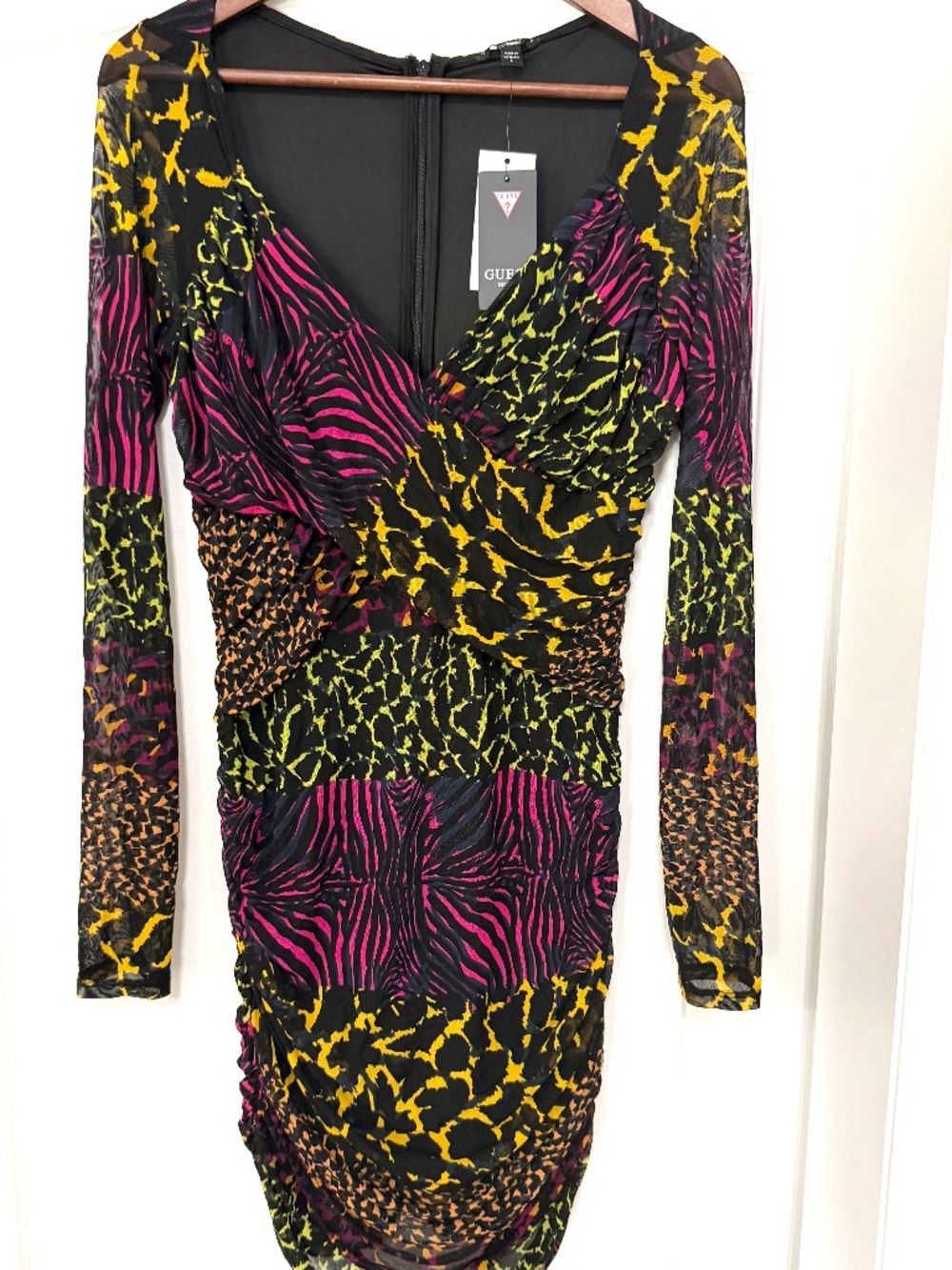 GUESS Y2K Ruched Mesh Animal Print Bodycon Dress Large L  NWT